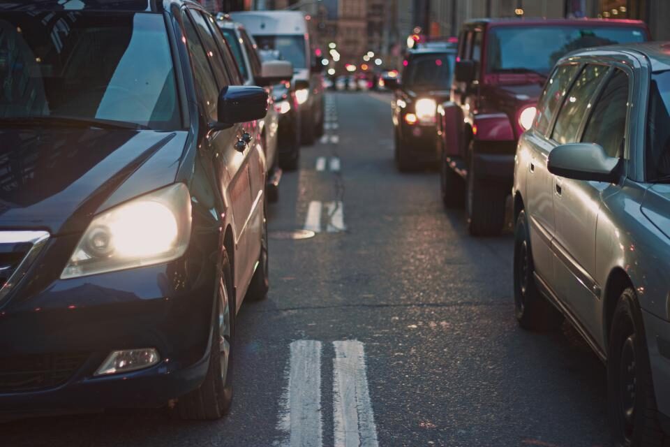 Cars queued nose to tail in a traffic jam