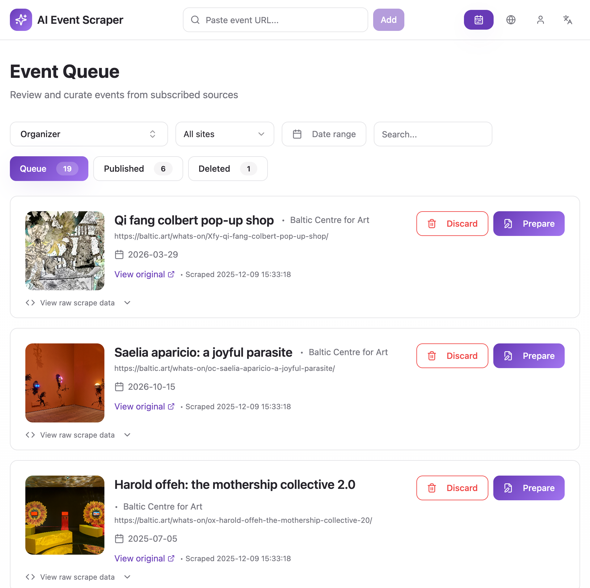 The review queue, listing events found overnight
