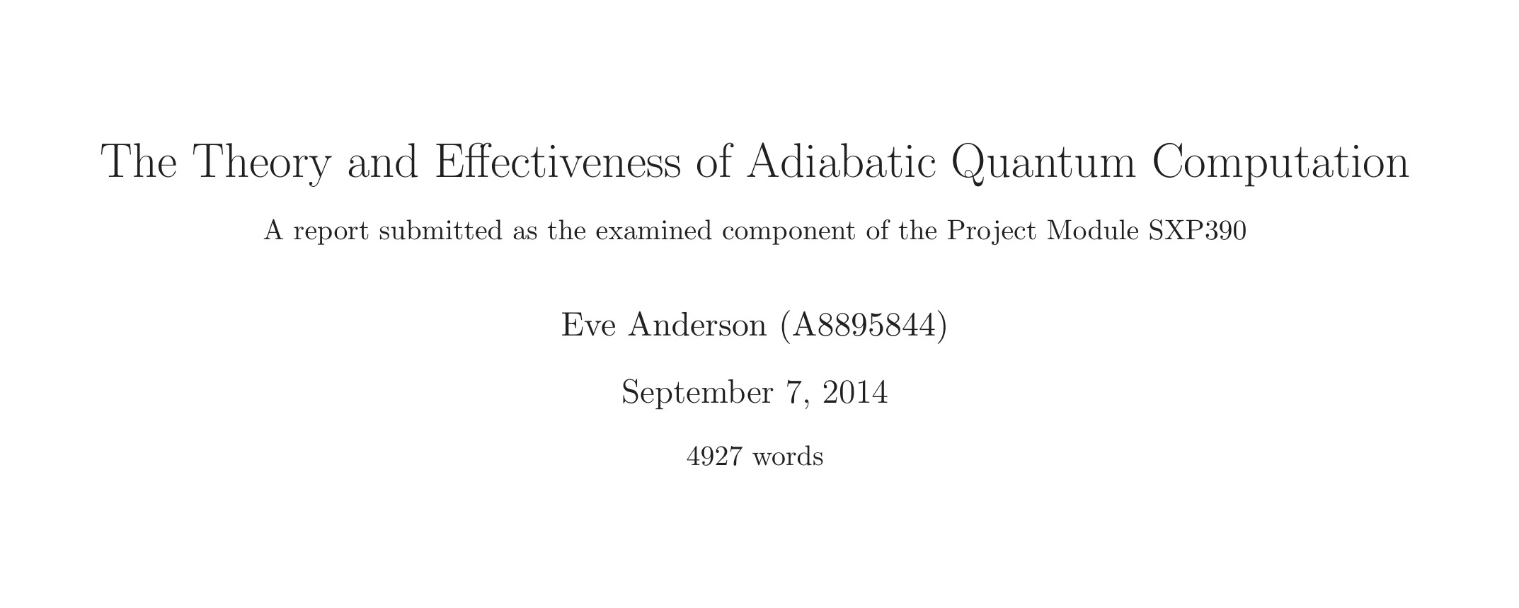 The title page of my Physics thesis, The Theory and Effectiveness of Adiabatic Quantum Computation